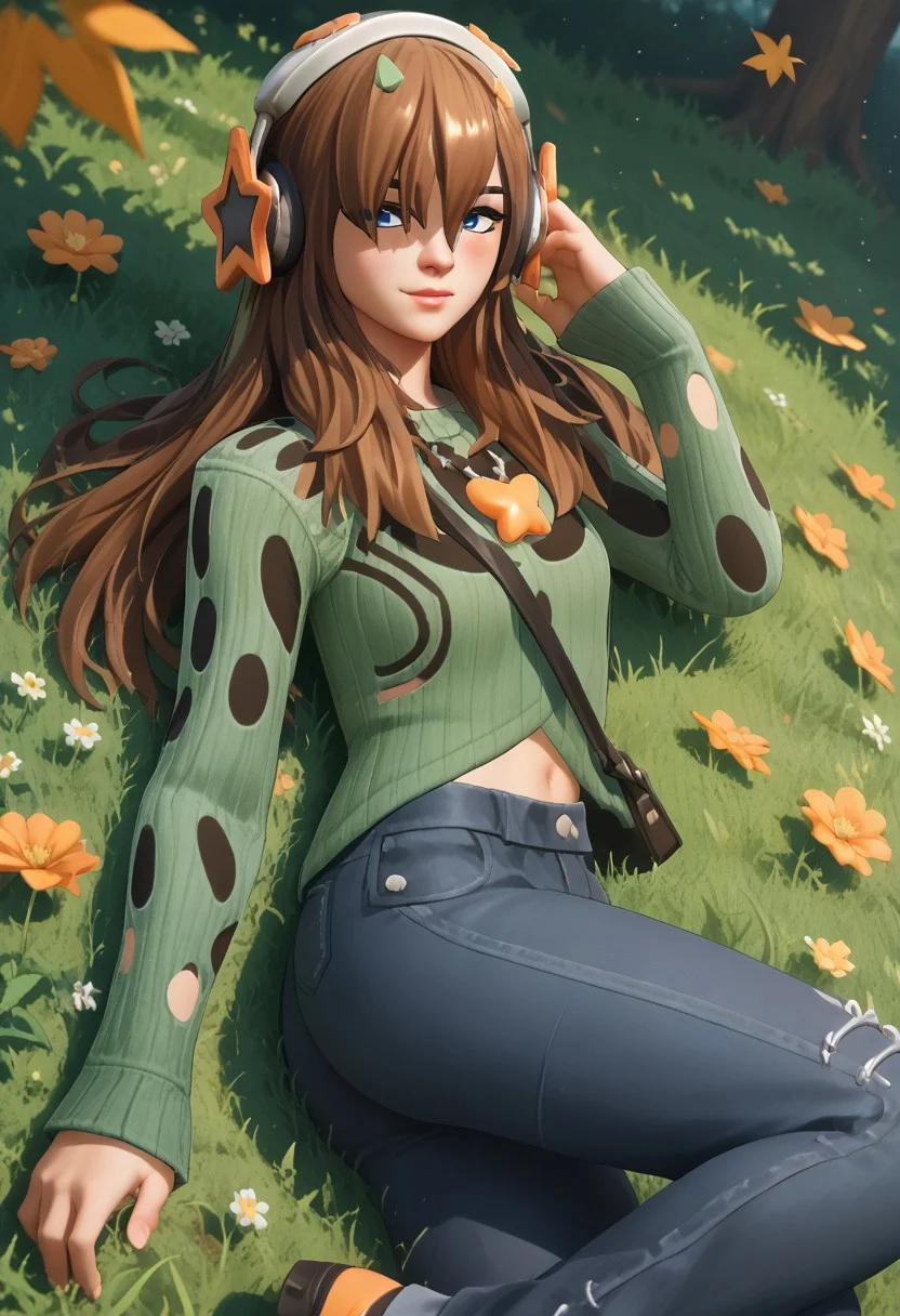 source_anime, score_9,score_8_up, score_7_up,score_6_up, anime style, uncensored, BREAK,PJFortnite, blue eyes, brown hair, long hair, hair ornament, headphones, necklace, green sweater, long sleeves, bag, navel, denim pants, black shoes, cute blush, seductive look, flirting, the girl turns back, view from the back, flower field, sunlight, perfect face, detailed face, volumetric lighting, cinematic lighting, lying in the field, flowers, flying leaves