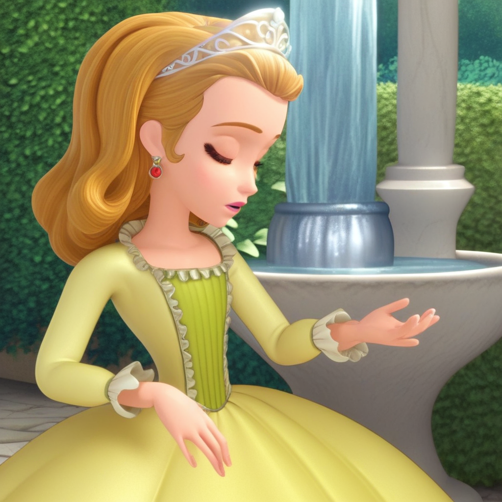 score_8, score_9, amber, tiara, blonde hair, earrings, dress,, outdoors, fountain