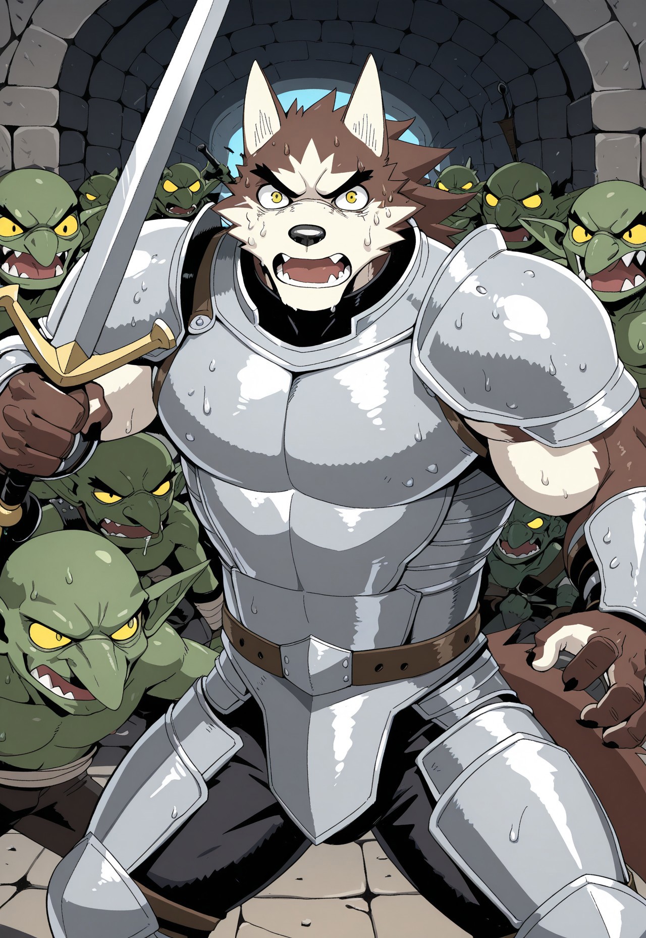 dark, inside dungeon, stone bricks, furry male, 1boy, male focus, solo focus, bara, yaoi,  hero_wolf, thick eyebrows, yellow eyes, brown fur, tail, knight outfit, holding sword, sweat, posing, open mouth, serious, multiple boys, goblin, surrounded, fighting monsters, cowboy shot, masterpiece, best quality, amazing quality