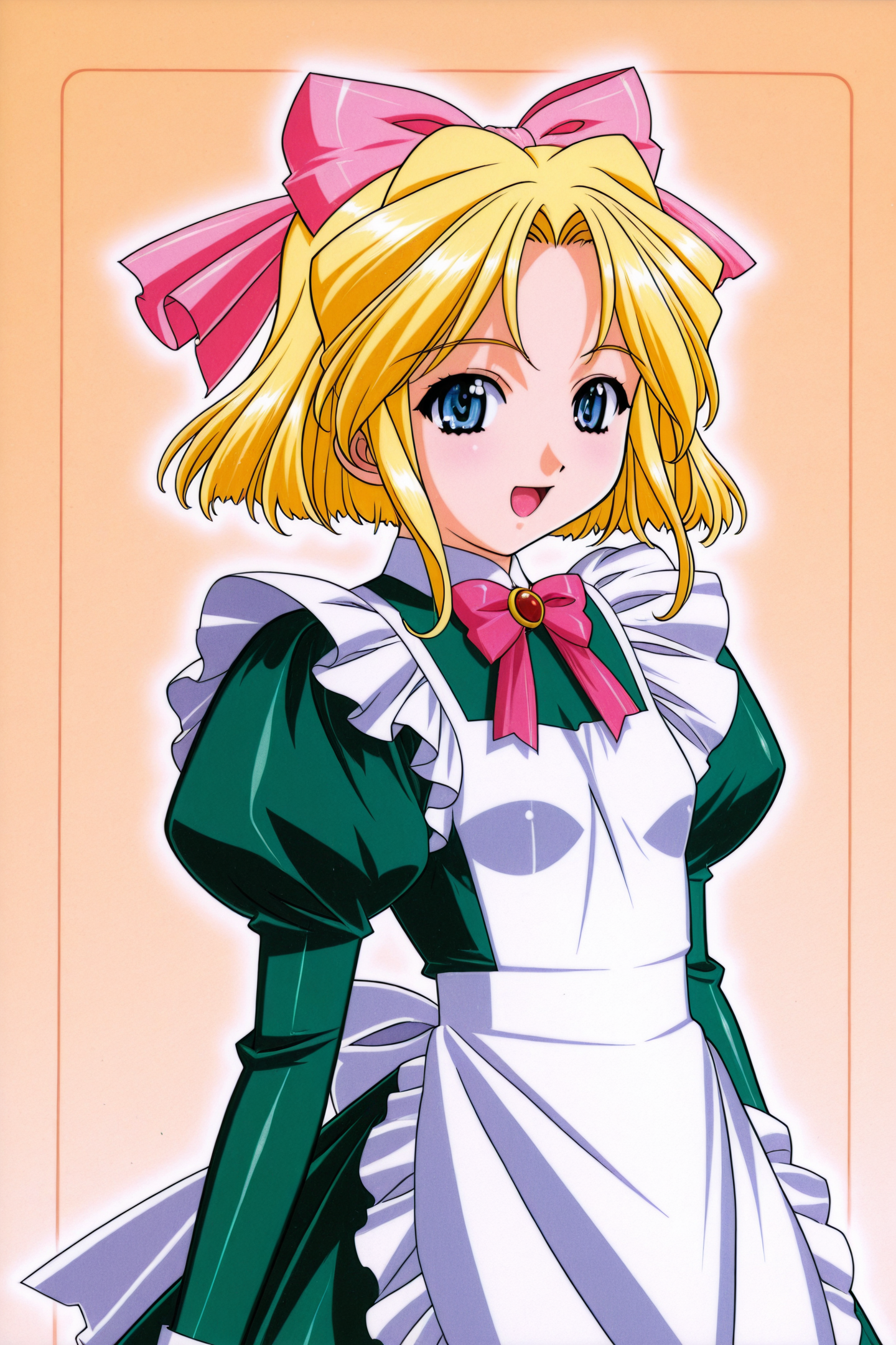 Kuroda Kazuya Style,Iris Chateaubriand,1girl,female child,solo,blonde hair,blue eyes,pink bow,bow,hair bow,short hair,white apron,green dress,smile,open mouth,small body,
<lora:Sakura Wars_illustriousXL_v2:0.5>,
<lora:Kuroda Kazuya_illustriousXL:1>,