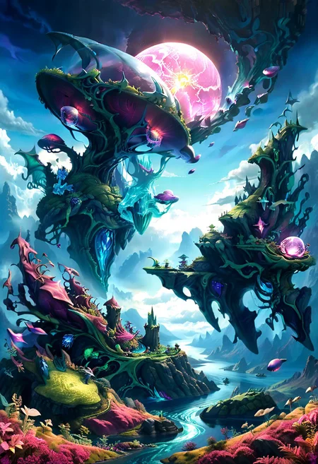Hyper-realistic alien landscape featuring a vast crystal forest with towering, a greenish coloring of plant life and large hills and smallish mountains like the Scottish highlands. . castle, The sky is a swirling mix of deep indigo and bright magenta, with two suns setting on the horizon. bioluminescent plants line the riverbanks.A flying ship, is flying high up in the sky Extreme detail, 8K resolution, photorealistic textures, cinematic lighting, depth of field.