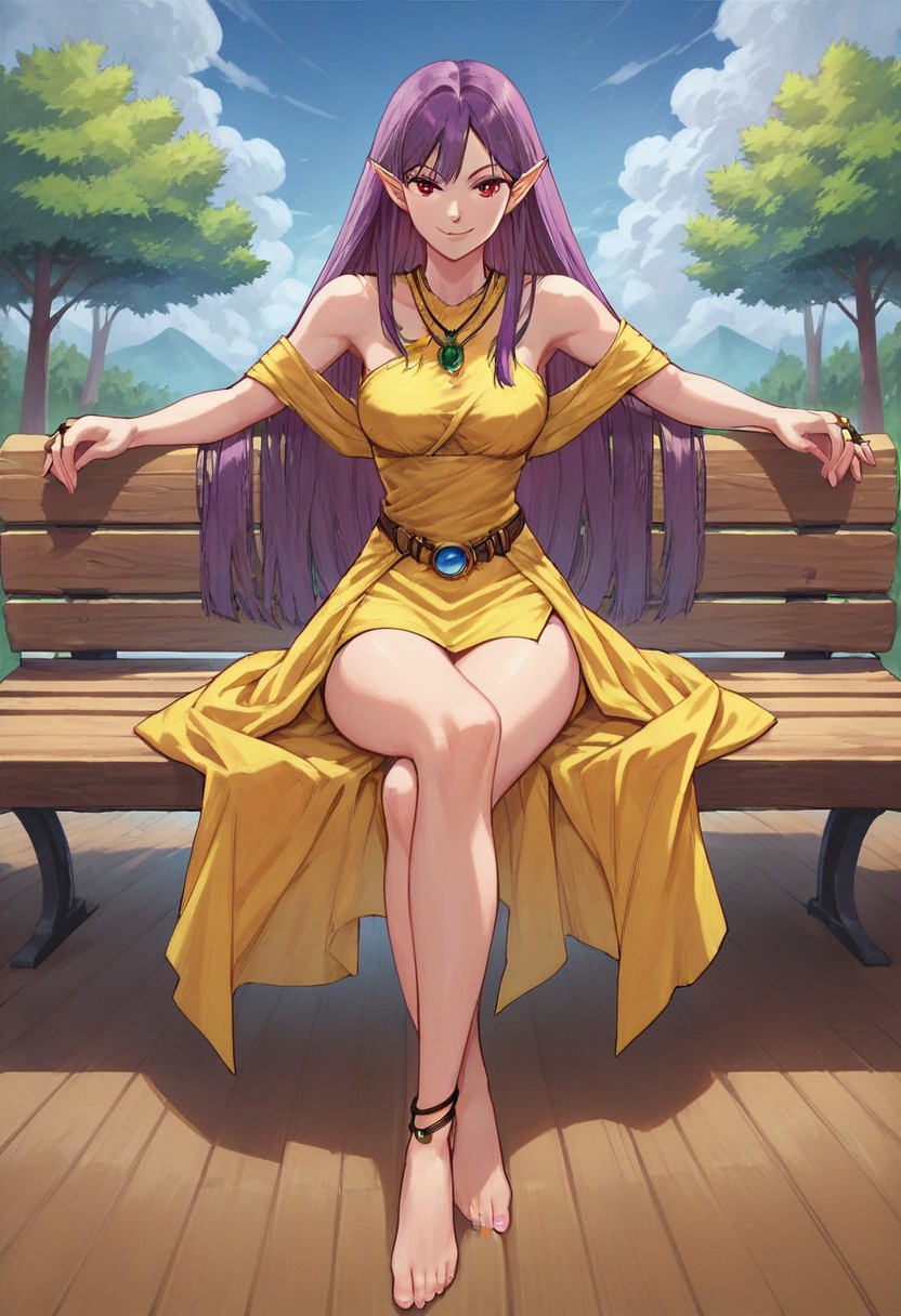 YGOWingW, 1girl, duel monster, angel, purple hair, long hair, red eyes, pointy ears, yellow dress, yellow scarf, belt, rings, blue gem, necklace, green gem, anklet
uncensored, score_9__up, score_9, score_8_up, score_8, score_7_up, score_7, score_6_up, score_6, score_5_up, source_anime, anime screencap, anime coloring, highres, Rating_safe, safe_pos
bare shoulder, breasts, bare feet, toes
smug, sitting, crossed legs, outdoors, 1girl, bench, trees, sky, clouds, sun, looking at viewer, day, forest
