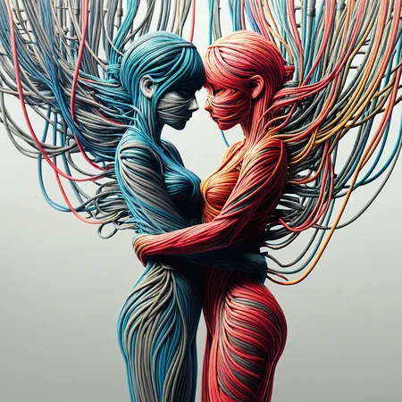 embedding:lazympos, 2girls, yuri, hugging, wrapped in cables, hanging cables, cowboy shot, side view <lora:Cables_IL:1> <lora:Challenge_Winnifier_2025-04:0>