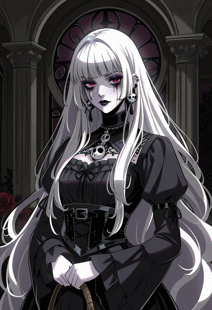 masterpiece, best quality, newest, absurdres, highres,  HadesCharacterArtstyle-IL-V1.0, 1girl, goth girl, gothic, makeup, runny makeup, white hair, long hair,