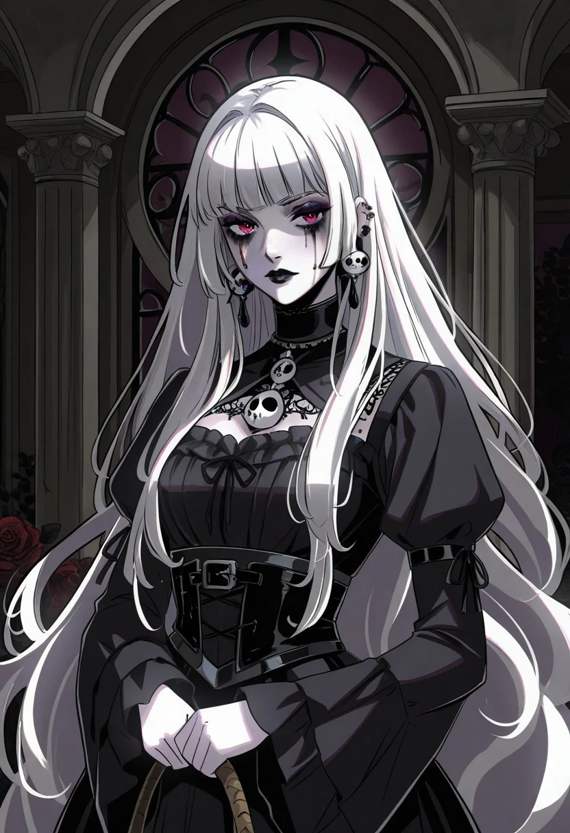 masterpiece, best quality, newest, absurdres, highres, HadesCharacterArtstyle-IL-V1.0, 1girl, goth girl, gothic, makeup, runny makeup, white hair, long hair,