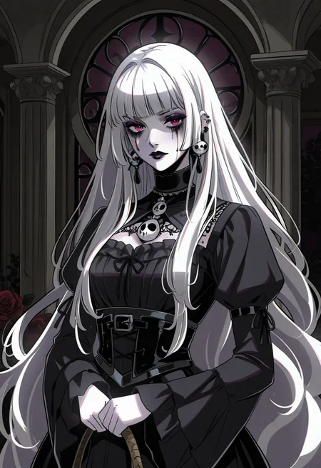 masterpiece, best quality, newest, absurdres, highres, HadesCharacterArtstyle-IL-V1.0, 1girl, goth girl, gothic, makeup, runny makeup, white hair, long hair,