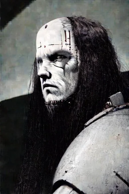 Biomechanical face of a man in his 20ies with long hair and shabby bears, blm, scenery, cables, brain, big head, industrial background, (best quality, highly detailed face:1.3) <lora:blame5-000040:1>