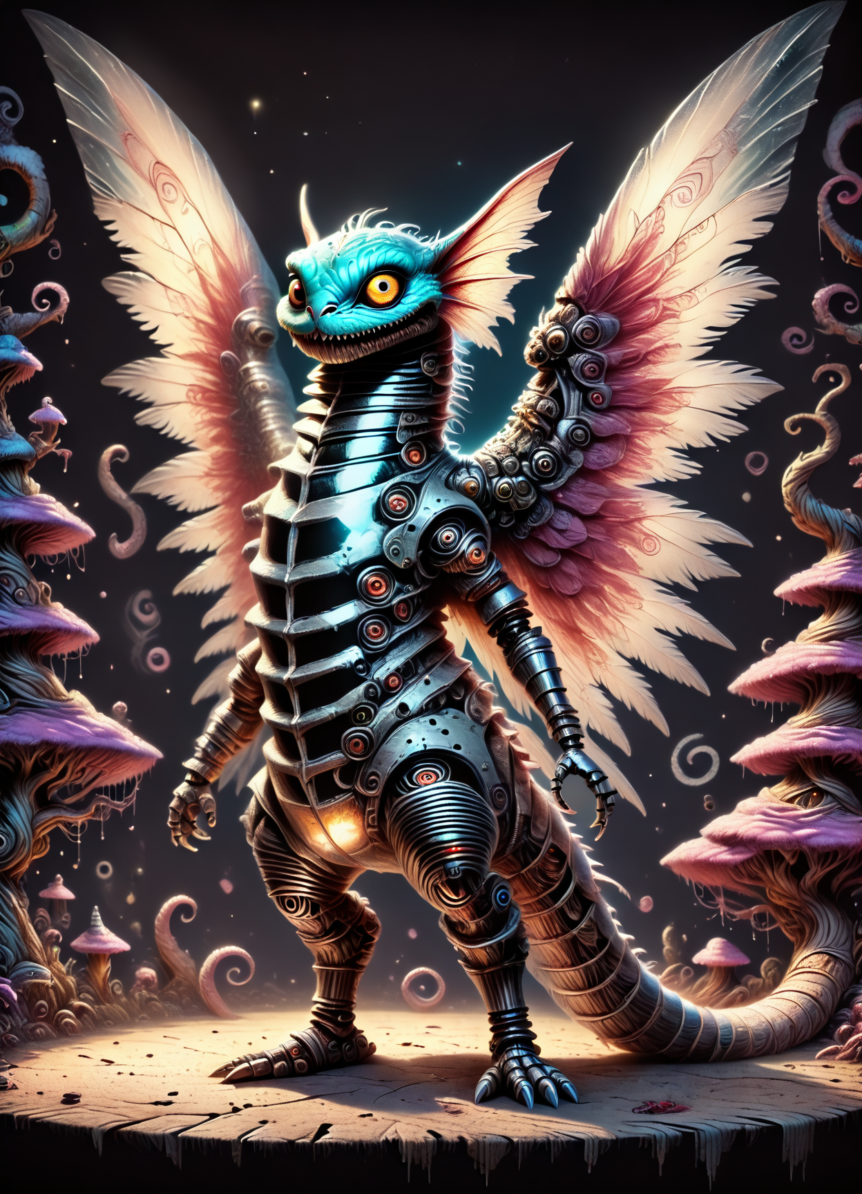 DonM7w1573dW0nd3rl4ndXL, score_9, score_8_up, score_7_up, score_6_up, drawing, massive winged extraterrestrial vintage robotic being, hexapod armless, plantigrade appendages,  curved-tailed, transparent skin,     , rating_safe   <lora:DonM7w1573dW0nd3rl4ndXL-pony-000008:1>