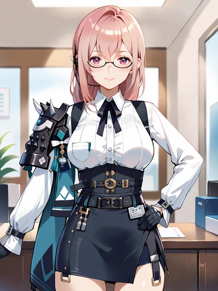 1girl, tsukishiro yanagi, solo, glasses, black gloves, high-waist skirt, white collared shirt, single pauldron, earpiece, harness, neck ribbon, hand on hip, looking at viewer, light smile, standing, cowboy shot, office, indoors, blurry background <lora:Char-ZZZ-Yanagi-pony-V1:0.9>, score_9, score_8_up, score_7_up, source_anime