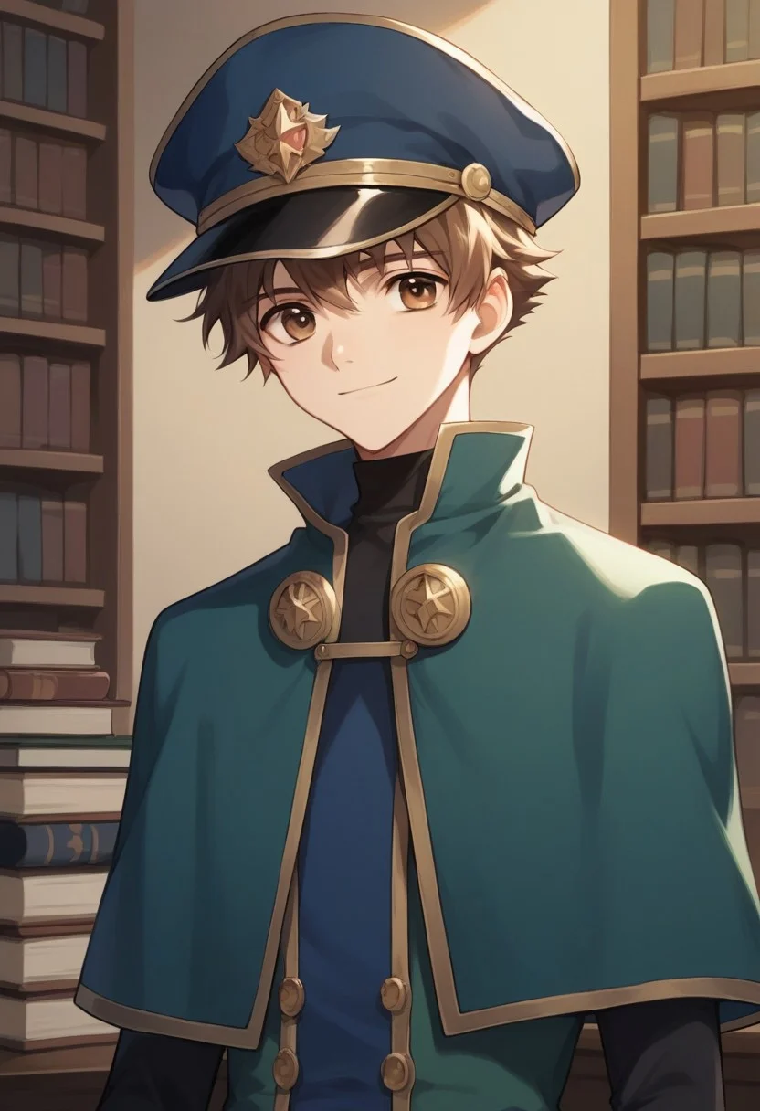 score_9, score_8_up, score_7_up, source_anime, highly detailed,
shaoran, 1boy, male focus, solo, hat, peaked cap, blue hat, brown eyes, brown hair, smile, capelet, blue capelet, jacket, green jacket, civilian, slender, skinny, upper body,
indoor, books,