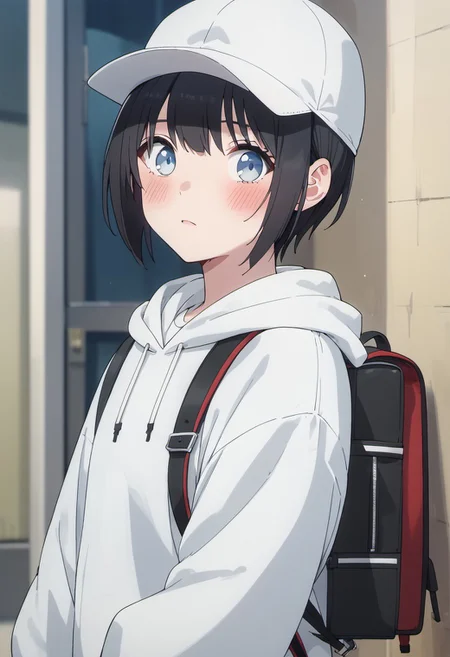 score_9, score_8_up, score_7_up, source_anime, nonoa, short hair, blue eyes, black hair, 1girl, solo, hat, hood, blush, hood down, hoodie, bag, looking at viewer, backpack, white hoodie, baseball cap