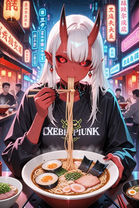 lazympos, noodles, chopsticks, ramen, neon lights, horns, 1girl, jewelry, red eyes, earrings, holding chopsticks, long hair, colored sclera, eating, oni horns, choker, white hair, food, pointy ears, holding, ear piercing, bowl, black sclera, looking at viewer, oni, cyberpunk, glowing, piercing, solo focus, lantern, glowing eyes