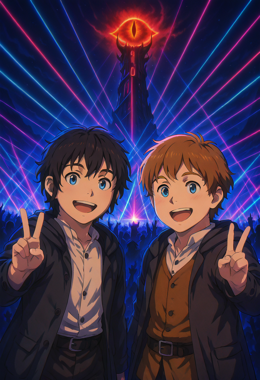 masterpiece, best quality,  L0rd0fTh3R4v3s, fr0d0s4m, looking at viewer, smile, short hair, open mouth, bangs, blue eyes, brown hair, shirt, black hair, long sleeves, jacket, white shirt, :d, male focus, multiple boys, open clothes, teeth, collared shirt, belt, pants, hood, 2boys, vest, coat, black jacket, dress shirt, v, night, black pants, buckle, black belt, open coat, black coat, belt buckle   ,<lora:SauronsRaveTower_IXL_v1:1.0>,
