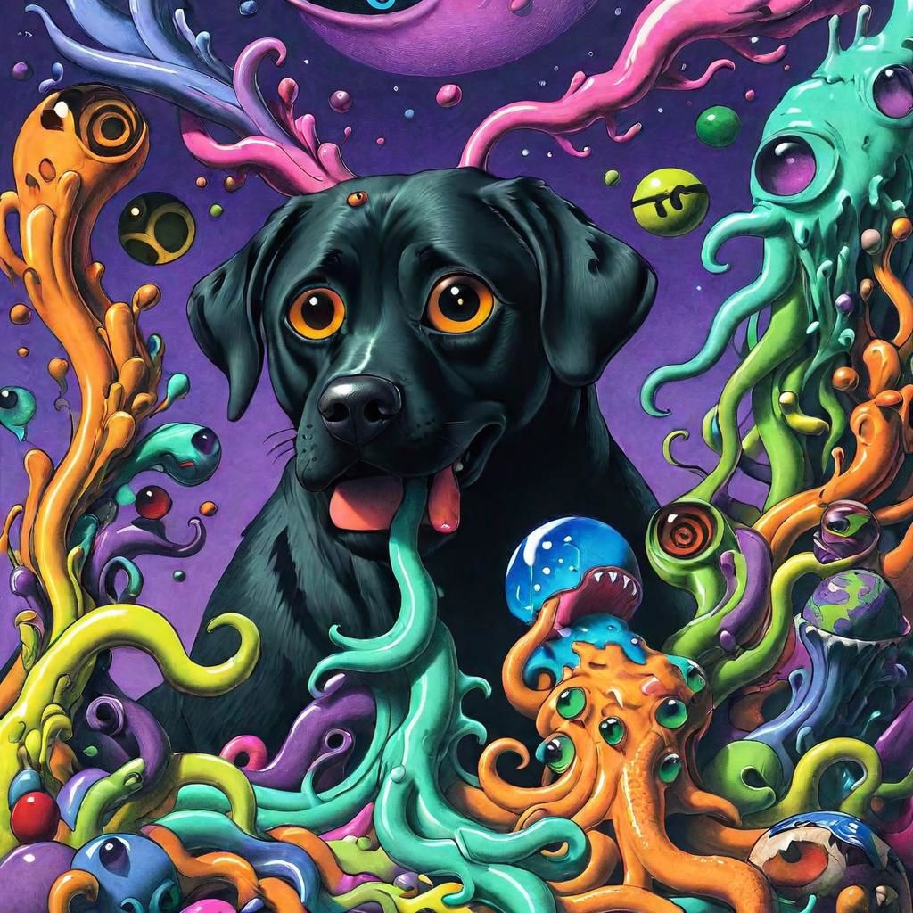 A crazy psychedelic melty color world everything is melting paint melty plastic looking, insane vivid colors, rich saturation, vibrant, elaborate, best quality, perfect detail, magical, absurdres, Psychedelic masterpiece, very animated cartoonish silly expressions, cosmic eldritch Lovecraftian otherworldly ethereal haunting ghostly unnatural alien big fat black lab mix, JimmyAlonzo, Surreal psychedelic bizarre insane eldritch horror cosmic old ones