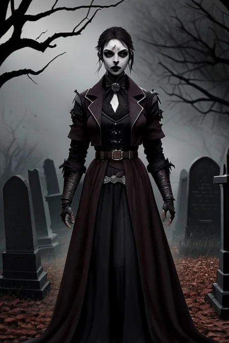 (masterpiece:1.2), (best quality,:1.2), 8k, HDR, ultra detailed, ((photorealistic)), professional light, cinematic lighting, fashion photography, ambient lighting, atmospheric effects, <lora:detail_slider_v4:2>, (DarkFantasy:0.2), a female hunter, wearing a long coat, ascot, corset, bracers, belt, gothout, <lora:Gothic_Outfit:0.5>,  in a dark and sinister gothic graveyard, iron fence, open graves, darkness, <lora:Darkness-10:0.6>,  <lora:zoom_slider_v1:2>, (Style-Necromancy:0.5), epiCPhoto