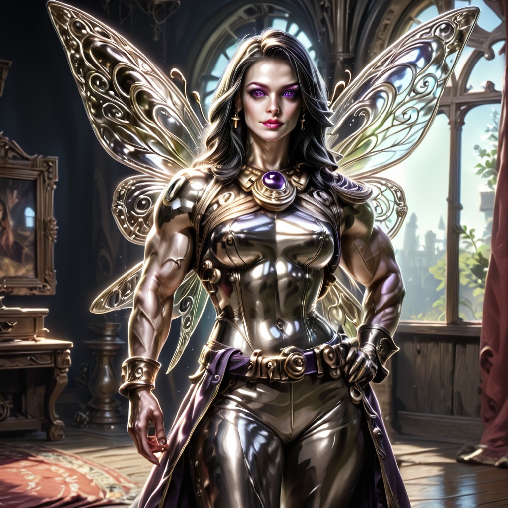 Action scene, Photo realistic, hyper realistic, score_9, rating_safe, solo (arch fey woman, (beautiful detailed face), (violet eyes), (bronze metallic gold skin ral-polishedsteel), (pirate, white blouse, black pants, gloves), (fairy wings), (long black hair), (thick thighs | large muscles), (sword belt)), standing next to a throne, in a detailed throne room, hi res, hi quality, 4k, realism