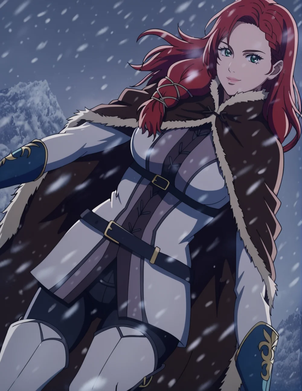 2d, source_anime, solo, masterpiece, detailed, BREAK, 1girl, HeraHammerhand, red hair, long hair, green eyes, braid, white jacket, brown fur cloak, black pants, green shin guard, thigh boots, breasts, realistic background, blurry background, bokeh, looking at viewer, epic composition, posing, smiling, closed mouth, snowing, snowy mountain, from below, dynamic angle, hip tilt, holding one leg up, <lora:HeraHammerhand:0.86>