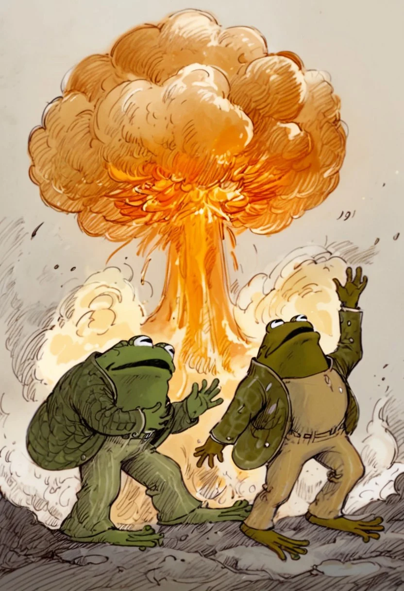 score_9, score_8_up, score_7_up, Frog and Toad, nuclear explosion, by Lobel, 2boys