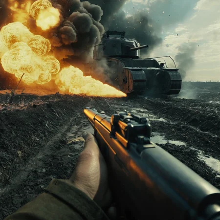 UHD, 4k, ultra detailed, cinematic, a photograph of  <lora:Battlefield ww1 style:1>
POV,Point Of View,First Person View,a man aiming hand gun pistol in front of a huge explosion of a big tank battlefield ww1 style,outdoors,sky,day,cloud,military,fire,scenery,smoke,aircraft,military vehicle,airplane,battle,explosion,vehicle focus,firing,world war ii,war , war, war zone, battle, warrior, soldier, dark themed, cinematic, film look, world war 1, first world war, ww1, military, dramatic light, epic, beautiful lighting, inpsiring