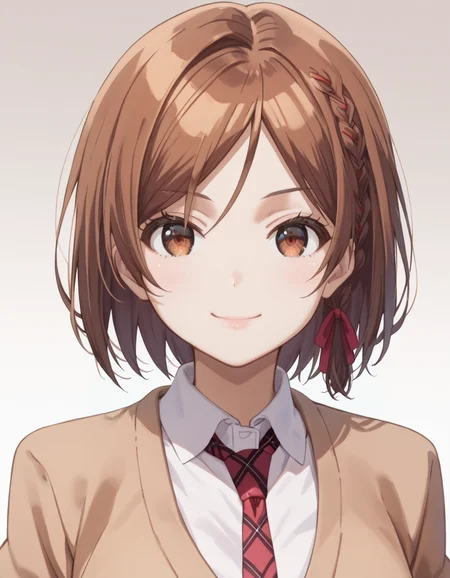 score_9, score_8_up, score_7_up, source_anime, BREAK
1girl, solo, gradient background, looking at viewer, portrait, light smile, upper body, front view,
akane sakuramori (kurakon), short hair, brown hair, side braid, hair ribbon, parted bangs, brown eyes,
school uniform, brown cardigan, white collared shirt, plaid necktie,
<lora:akane_sakuramori-kurakon_s1-anime-soralz:1>