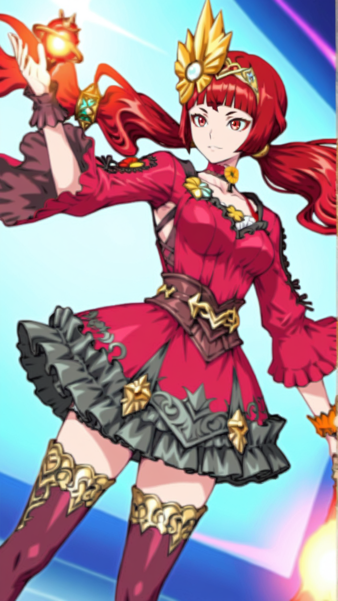 source_anime, general, best quality, masterpiece, 1girl,  <lora:Macba_ill_v1.0:1> macba\(scarlet grace\),red hair, long hair, red eyes,twintails,dress, thighhighs, skirt, choker, zettai ryouiki, frills, hair ornament, frilled skirt, blunt bangs,dynamic pose, dutch angle,