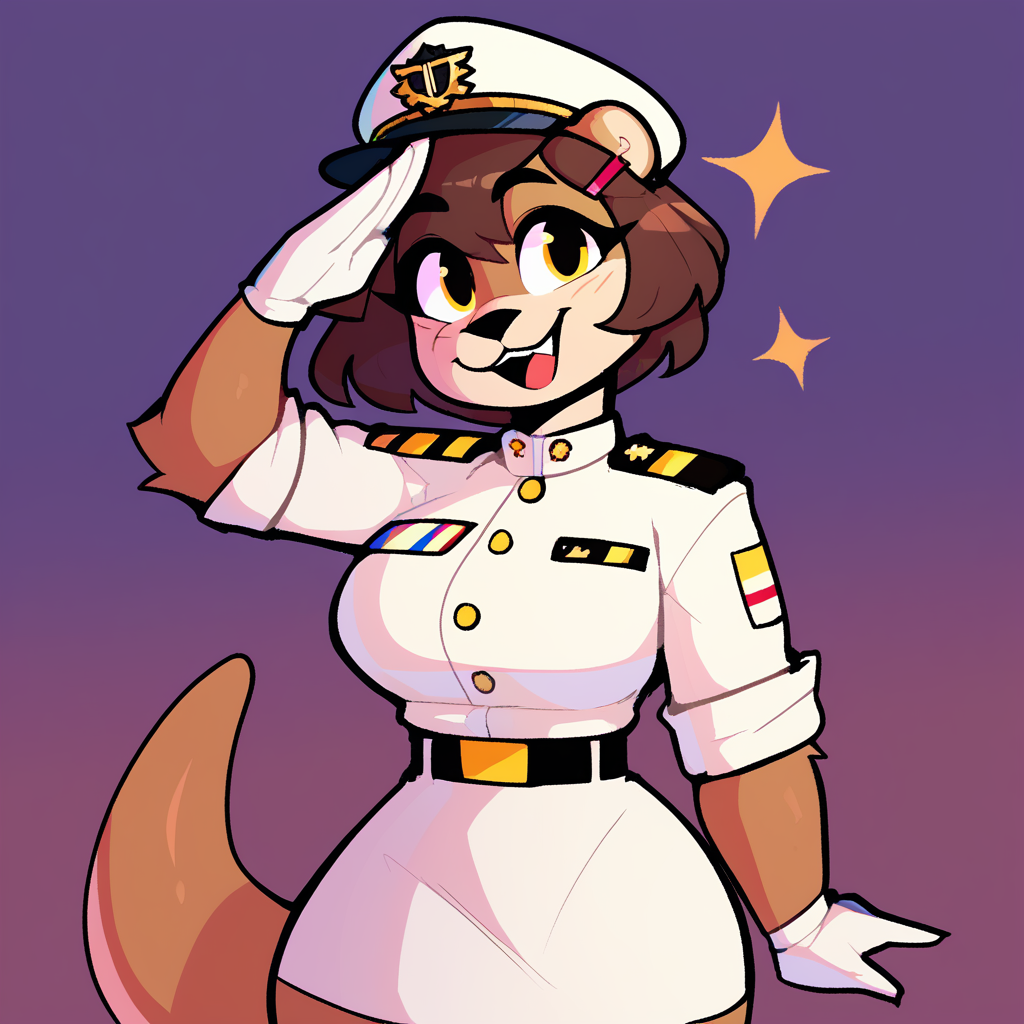 score_9_up, score_8_up, score_7_up, score_6_up, half-length portrait,  by remanedur, furry female, otter, female, furry, short hair, yellow eyes, dark brown hair, looking at viewer, hairclip, large breasts, military, white uniform, white short skirt, tail, (salute), high heels, solo, smile, open mouth, happy, three-quarter view, head tilt, white gloves, hairclip, standing, white hat, brown body, simple background,  <lora:Leah_Pines(AIM)_XL_v1:0.5>, <lora:PDXL_artist_tags_v2_big:0.7> <lora:The-Minuscule-Task_PDXL_v1.0:0.6> <lora:Pearl_Aurora_v2_WirelessShiba:0.3>