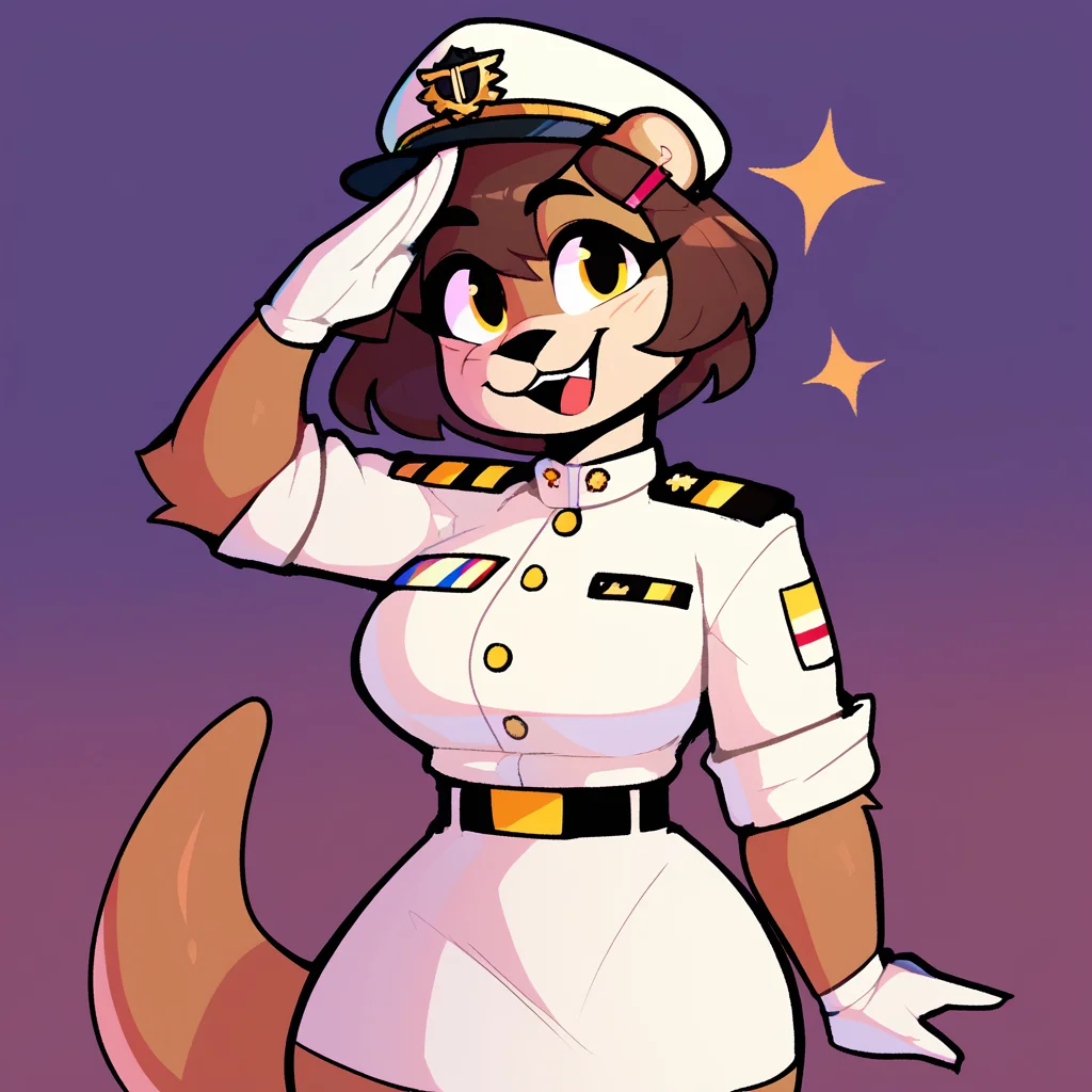 score_9_up, score_8_up, score_7_up, score_6_up, half-length portrait,  by remanedur, furry female, otter, female, furry, short hair, yellow eyes, dark brown hair, looking at viewer, hairclip, large breasts, military, white uniform, white short skirt, tail, (salute), high heels, solo, smile, open mouth, happy, three-quarter view, head tilt, white gloves, hairclip, standing, white hat, brown body, simple background,  <lora:Leah_Pines(AIM)_XL_v1:0.5>, <lora:PDXL_artist_tags_v2_big:0.7> <lora:The-Minuscule-Task_PDXL_v1.0:0.6> <lora:Pearl_Aurora_v2_WirelessShiba:0.3>