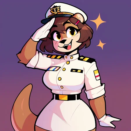 score_9_up, score_8_up, score_7_up, score_6_up, half-length portrait, by remanedur, furry female, otter, female, furry, short hair, yellow eyes, dark brown hair, looking at viewer, hairclip, large breasts, military, white uniform, white short skirt, tail, (salute), high heels, solo, smile, open mouth, happy, three-quarter view, head tilt, white gloves, hairclip, standing, white hat, brown body, simple background, <lora:Leah_Pines(AIM)_XL_v1:0.5>, <lora:PDXL_artist_tags_v2_big:0.7> <lora:The-Minuscule-Task_PDXL_v1.0:0.6> <lora:Pearl_Aurora_v2_WirelessShiba:0.3>