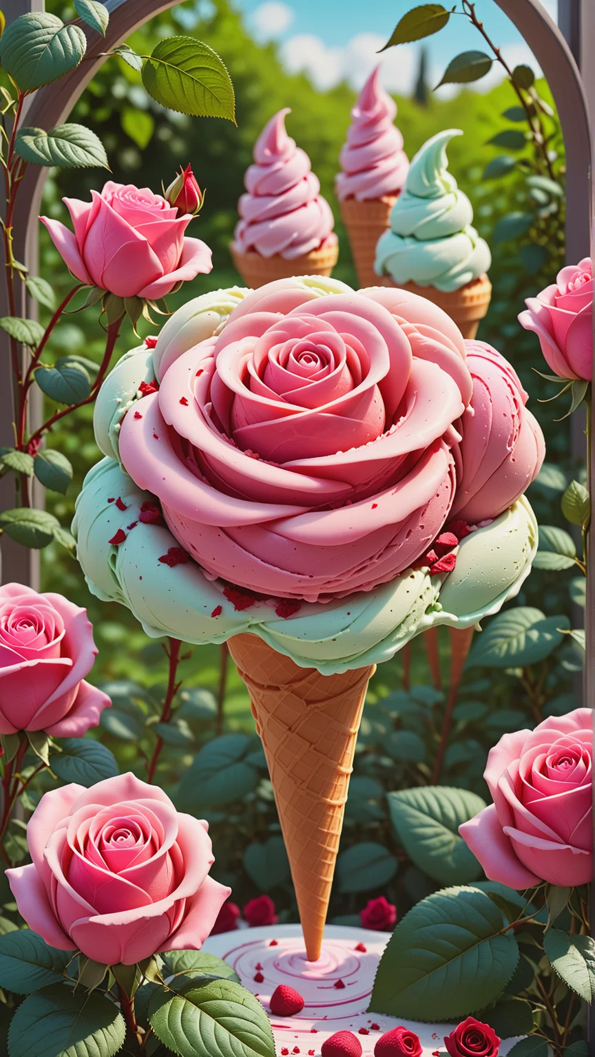 <lora:Gelato_Style_XL:1>GelatoStyle crimson roses singing to the rhythm of the wind in a magical garden, made from gelato ice cream, (Masterpiece:1.3) (best quality:1.2) (high quality:1.1)
