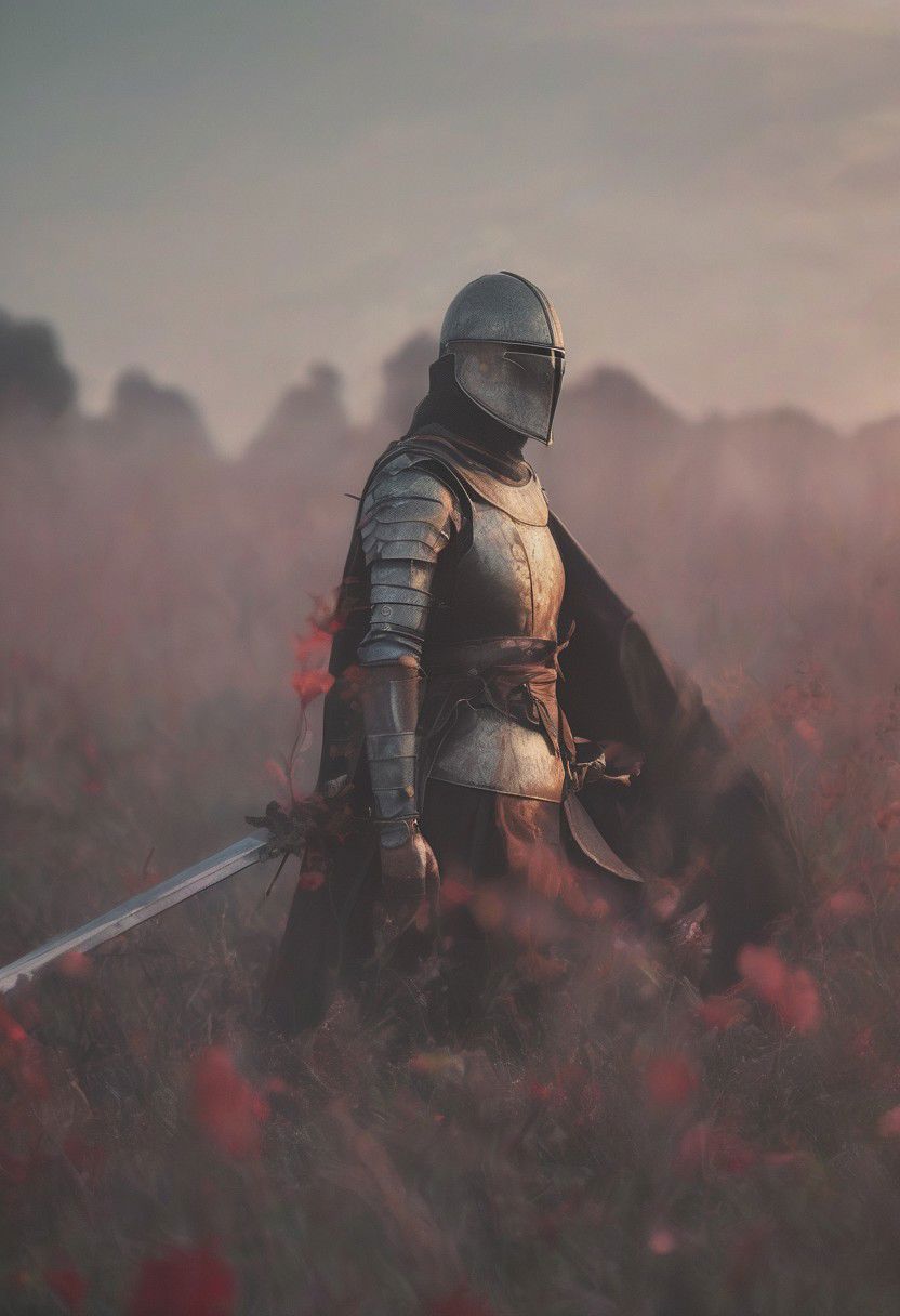 n-eeyblch, low angle shot, Create a vivid description capturing the essence of a naked medieval blushed Templar knightess in an intricately adorned, excessively tight White armored linen suit with Red cross. The knightess leans gracefully onto her sword, bending towards the camera. Looking shy to the Viewer, bowing down towards the camera, Positioned on a tall wildflower meadow, the detailed armor reflects the sunlight, evoking a harmoniously romantic atmosphere.
 very detailed, atmospheric haze, Film grain, cinematic film still, shallow depth of field, highly detailed, high budget, cinemascope, moody, epic, OverallDetail, gorgeous, 2000s vintage RAW photo, photorealistic, candid camera, color graded cinematic, eye catchlights, atmospheric lighting, skin pores, imperfections, natural, shallow dof