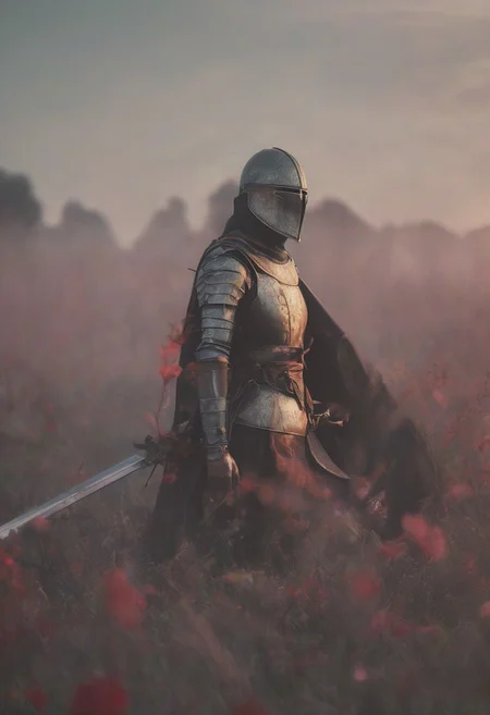 n-eeyblch, low angle shot, Create a vivid description capturing the essence of a naked medieval blushed Templar knightess in an intricately adorned, excessively tight White armored linen suit with Red cross. The knightess leans gracefully onto her sword, bending towards the camera. Looking shy to the Viewer, bowing down towards the camera, Positioned on a tall wildflower meadow, the detailed armor reflects the sunlight, evoking a harmoniously romantic atmosphere.
 very detailed, atmospheric haze, Film grain, cinematic film still, shallow depth of field, highly detailed, high budget, cinemascope, moody, epic, OverallDetail, gorgeous, 2000s vintage RAW photo, photorealistic, candid camera, color graded cinematic, eye catchlights, atmospheric lighting, skin pores, imperfections, natural, shallow dof
