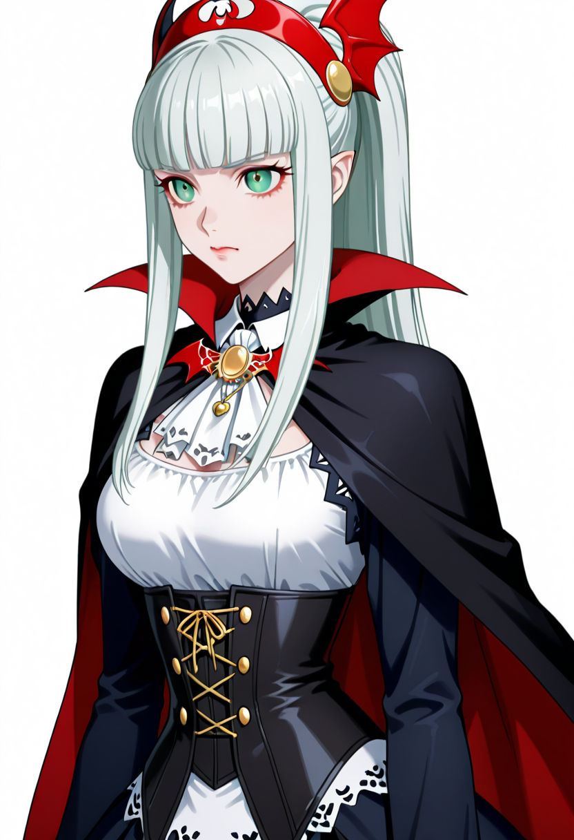 <lora:Lailh_V1:1>,purelailh,1girl,white long hair,green eyes,
<lora:VampireIL:1>,wearing Jedvmp,vampire outfit,cape,corset,