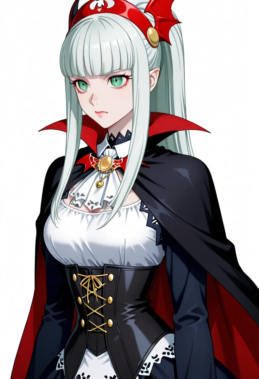 <lora:Lailh_V1:1>,purelailh,1girl,white long hair,green eyes,
<lora:VampireIL:1>,wearing Jedvmp,vampire outfit,cape,corset,