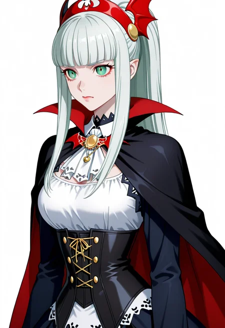<lora:Lailh_V1:1>,purelailh,1girl,white long hair,green eyes,
<lora:VampireIL:1>,wearing Jedvmp,vampire outfit,cape,corset,
