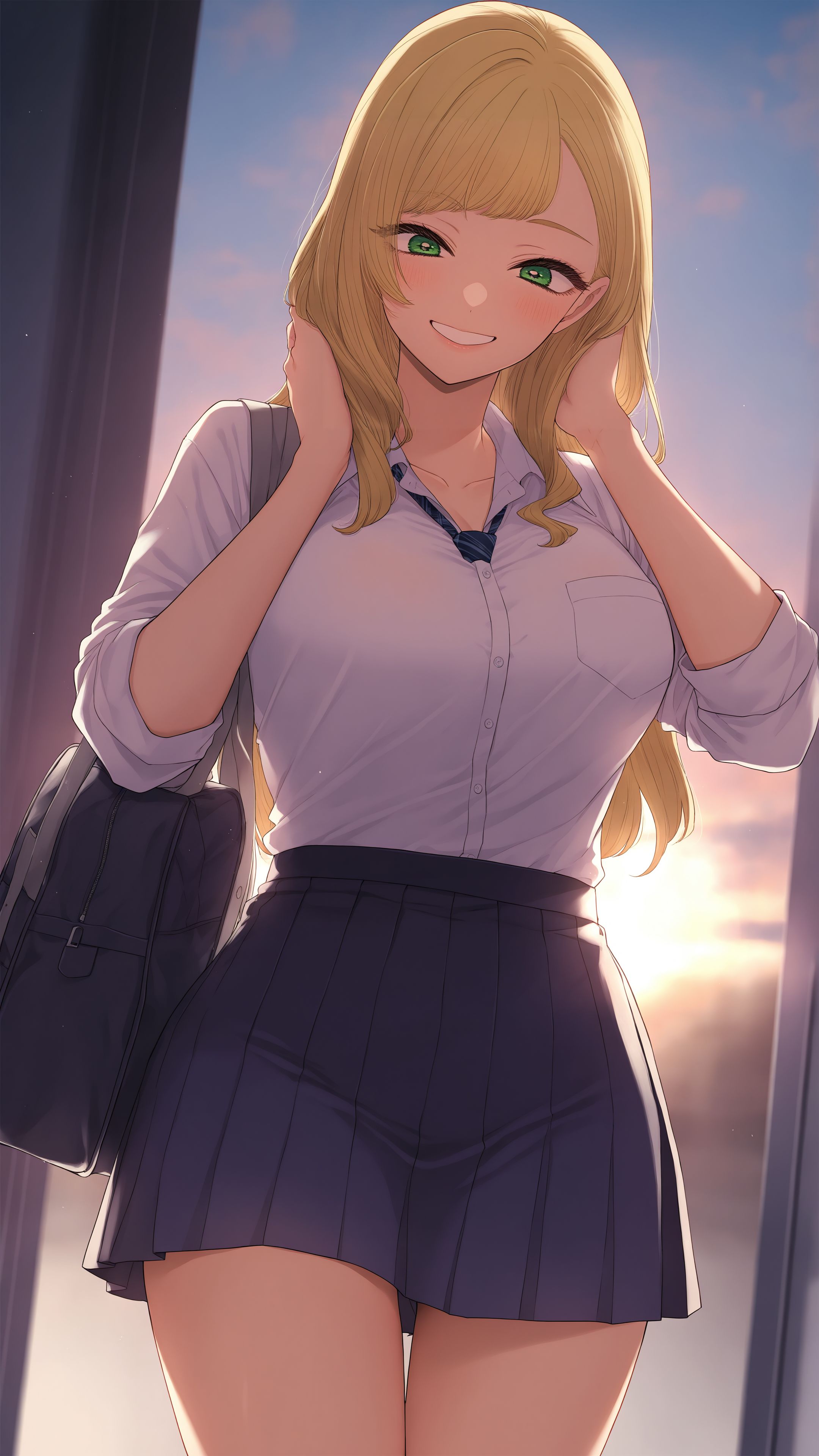 masterpiece, best quality, amazing quality, Smooth Quality, kakei hinako, ane no tomodachi, 1girl, solo, medium breasts, blonde hair, green eyes, gyaru, school uniform, miniskirt,   Holding head with both hands, smiling, back of the school, hip focus , <lora:kakei_hinako_ane_no_tomodachi-illustrious-v-1-1:0.9>