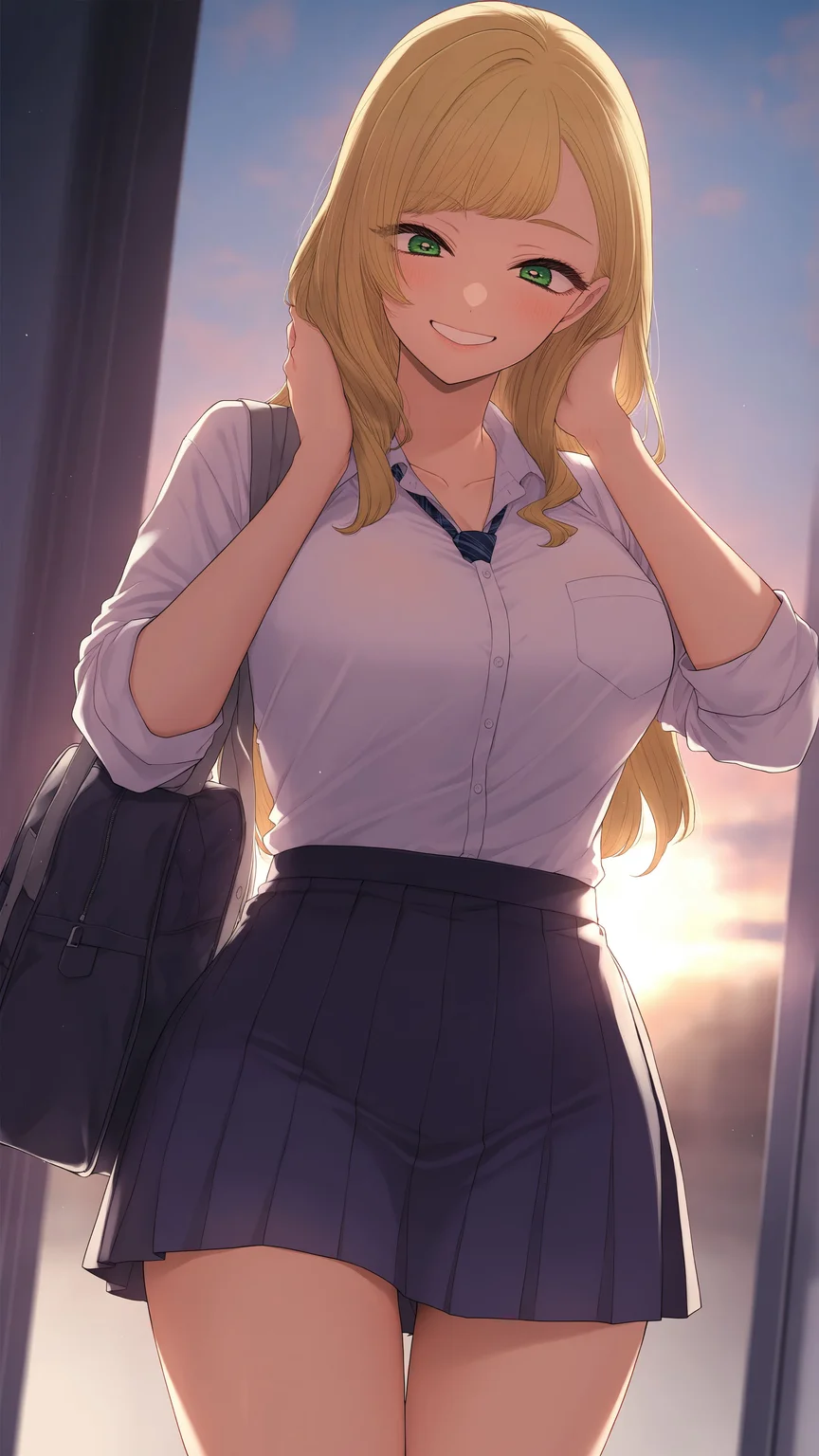 masterpiece, best quality, amazing quality, Smooth Quality, kakei hinako, ane no tomodachi, 1girl, solo, medium breasts, blonde hair, green eyes, gyaru, school uniform, miniskirt, Holding head with both hands, smiling, back of the school, hip focus , <lora:kakei_hinako_ane_no_tomodachi-illustrious-v-1-1:0.9>