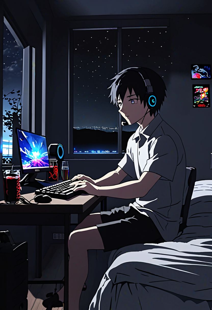 Highres, Masterpiece, High Quality, 4K, 8K, solo, 1Boy, Takaki Toono, adult, black hair, short hair, potarit, bed room, game room, comfortable, dark walls, RGB lights, quiet, window, night view, keyboard, pc, mouse, laptop, mattress, headset, speakers, stickers, soda drinks, snacks,, easynegative, detailed_eye_model