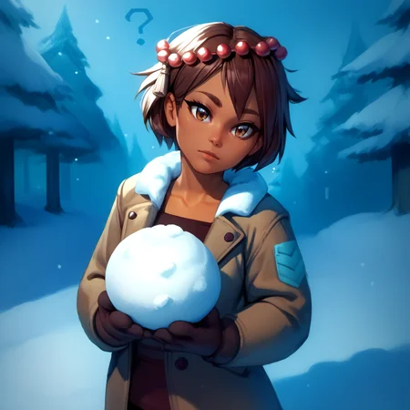 <lora:ajna:1>,1girl,solo,ajna,dark-skinned female,brown hair,brown eyes,short hair,bob cut,hair beads,hair ornament,snow jacket,black pantyhose,cowboy shot,mittens,
outdoors,forest,snow,snowing,snowman,looking at viewer,head tilt,?,holding snowball with both hands,confused,, score_9, score_8_up, score_7_up, perfect anatomy, source_anime, zPDXL2,