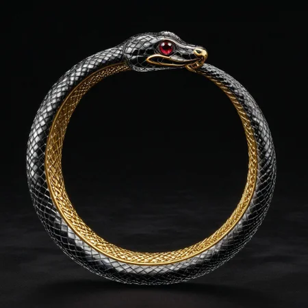 Glass Snake,Ouroboros, snake made out of glass, 8k, high resolution, fine quality, high quality, very detailed, photo realistic, snake eating its own tail, snake with its tail in its mouth, snake, solo snake, detailxl, black silk background, snake has a ruby as an eye.