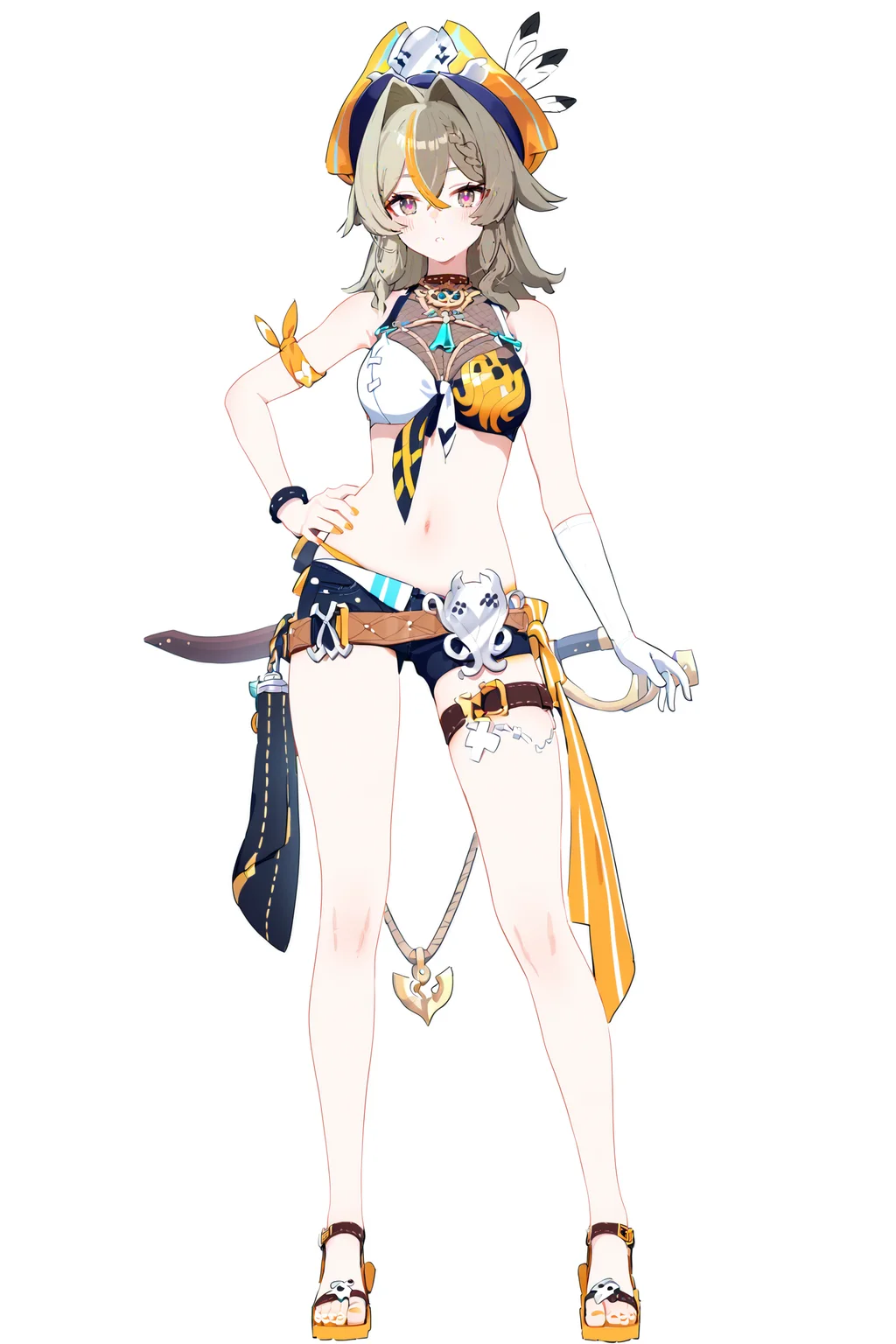 score_9,score_8_up,score_7_up,score_6_up,
8k,best quality,masterpiece,(ultra-detailed:1.1),(high detailed skin),
(full body:1.4),white background,standing,looking at viewer,(solo:1.4),hand on hip,
<lora:wew-v100-pony-000009:0.8>,wew,swimwear,1girl,bikini,swimsuit,pirate hat,navel,belt,breasts,single glove,weapon,short shorts,sandals,
(white background, simple background:1.3),
(beautiful_face),((intricate_detail)),clear face,
((finely_detailed)),fine_fabric_emphasis,
((glossy)),full_shot,
