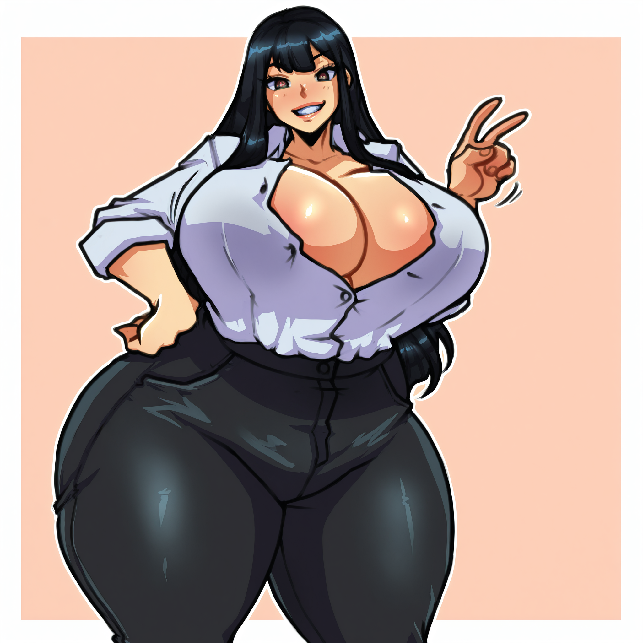 masterpiece, best quality, amazing quality, very aesthetic, absurdres, 
1girl, solo, huge breasts, large ass, long hair, looking at viewer, smile, black hair, parted lips, hand on own hip, v, head tilt, 
white shirt, dress shirt, black pants, 
white background, simple background, cowboy shot, front view, 
(masterpiece), (best quality), (ultra-detailed), amazing quality, very aesthetic, illustration, perfect composition, intricate details, absurdres, incredibly absurdres, 
  <lora:ecchipandaa_style:1> ecchipandaa