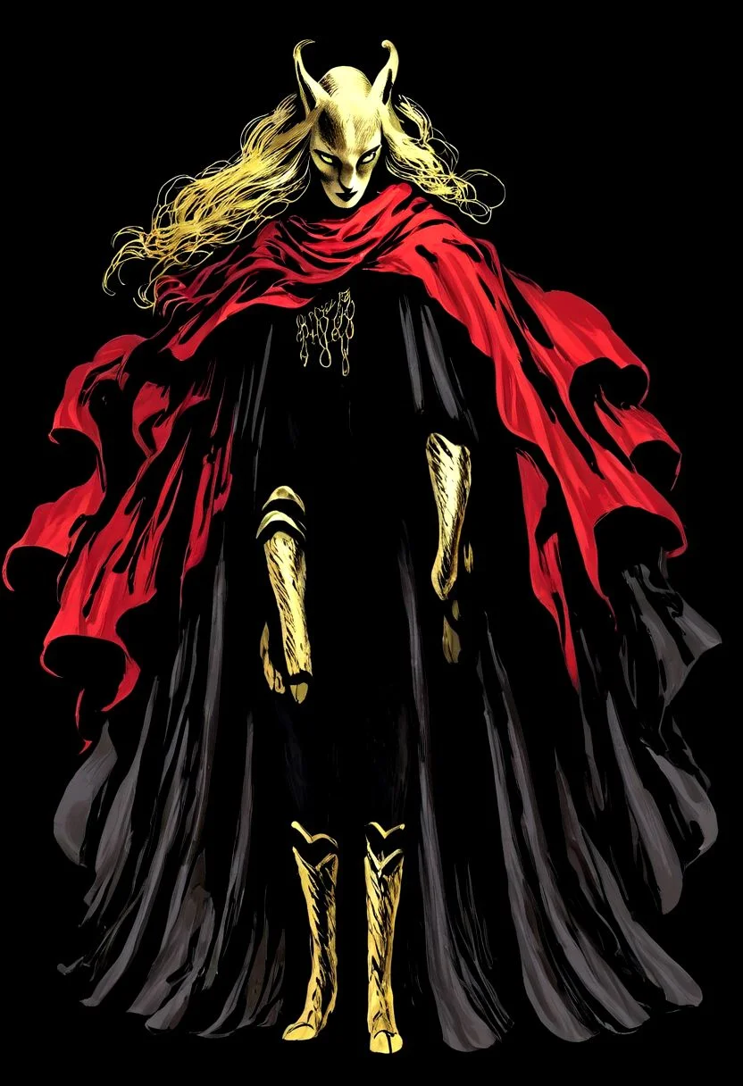 wizardry, illustration, beautiful Female Dryard, long golden hair, silver kneeguards, magic boots, long ears, slender long legs, black background, mysterious, mythical, red robe yellow cloth, cape, creature, werepanther, golden fur,