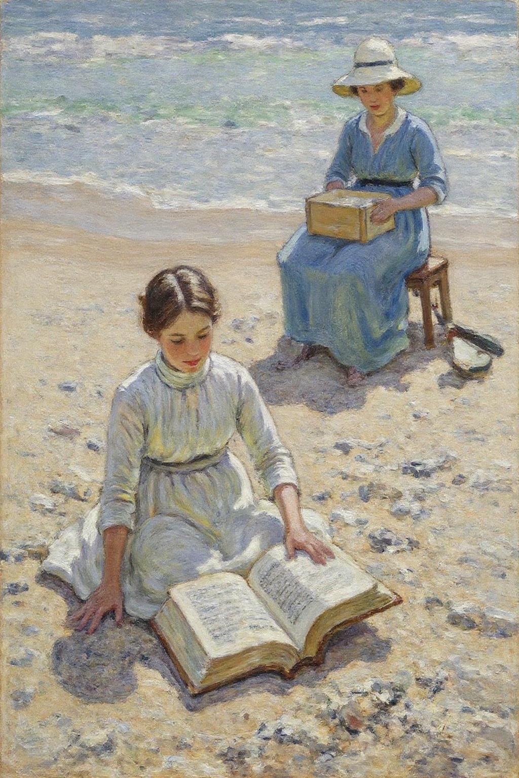 dorotheasharp1 painting. 
helenmcnicoll2. Two women engaged in leisurely activities on a sandy beach. There is a woman sitting on the ground. She is dressed in a white, long-sleeved dress with a high neck, typical of late 19th-century fashion. She is bent over a large, open book, engrossed in reading. Behind her sits a woman wearing blue skirt and a white, wide brim hat. She holds an open box on her lap.  <lora:dorotheasharp1_f16:1.0><lora:867752392433659595:0>