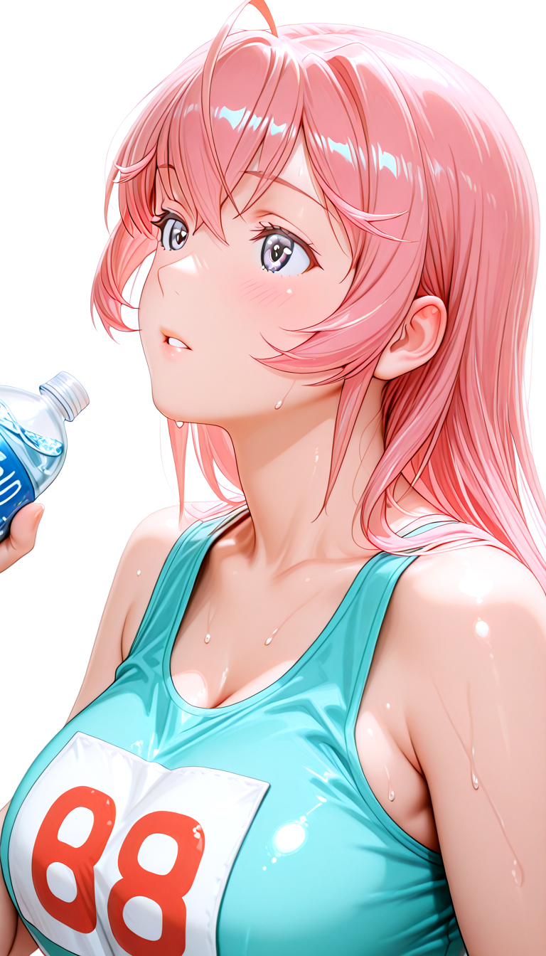 lazypos, masterpiece, best quality, amazing quality, very aesthetic, absurdres, newest,  ((ultra detailed hair:1.4)), ((ultra detailed eyes:1.4)), ((Dynamic Angle:1.49))
BREAK
1girl,solo, 0t0m3, pink hair,  ear blush,  parted lips
,tank top, blue sleeveless shirt, Track and field team wear, Bib number, ((Sweat:1.4)), exercise, plastic bottle, Look up, drink water,, drinking water
(ecstasy:1.3) , in heat, half-closed eyes, parted lips, looking at viewer
BREAK
blank background, direct shot ,blank pose  ,neutral black expression, ((head shot)), ((straight-on)),looking at viewer
BREAK
from side, put mouth on a plastic bottle
 <lora:sakuragi_otome420-000015:1>