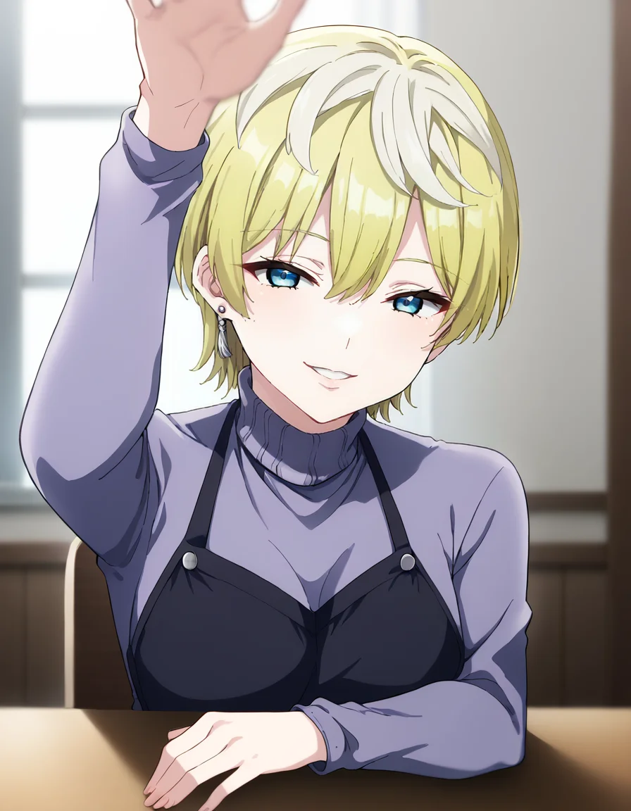 score_9, score_8_up, score_7_up, source_anime, BREAK
1girl, solo, looking at viewer, blurry background,
sitting, white wall, on table, curtain, window,
parted lips, smile,
incoming headpat, arm up, pov
casual outfit, purple turtleneck sweater, black apron, white skirt,
tenka izumo, short hair, multicolored hair, white hair, blonde hair, blue eyes, hair between eyes, single earring,
<lora:tenka_izumo_anime-soralz:1>, <lora:concept_incomingheadpat_ponyXL:1>