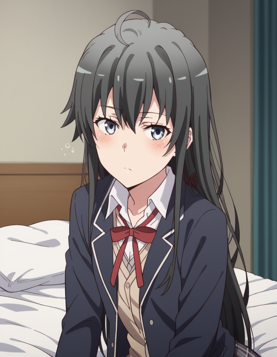 score_9, score_8_up, score_7_up, source_anime,
yukinoyukinoshita, <lora:yukino-yukinoshita-s2s3-ponyxl-lora-nochekaiser:1>,
yukino yukinoshita, black hair, blue eyes, long hair, ahoge,
blazer, cardigan, jacket, plaid, plaid skirt, school uniform, skirt, sobu high school uniform,
indoors, bed, bed room, on side, blush, drunk,
looking at viewer, cowboy shot, dutch angle, solo,