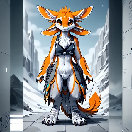 <lora:Zavali_Pony_1:1> avali, female, (solo:2.0), full body ( clothing:1.0) ,((grey suit:1.1)(orange poncho:1.2)),detaled fur , black budy, feather hairstyle , (4 ears:1.2) ,(winged arms:0.85), (3 fingers), (looking at viewer), ((front view)), (biology, complex,hydroponics )),((detailed background, (intricate:0.8), (high detail:1.3)), (soft focus:1.15), (masterpiece, best quality, 2k, shaded)