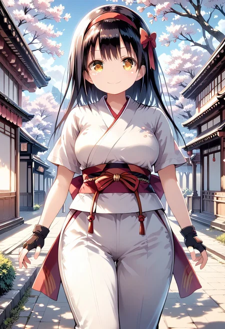 score_9, score_8_up, score_7_up, 1girl, FujisakaLP, mature woman, masterpiece, best quality, ultra high res, (big breasts1.2). smiling, happy, wide thighs, wide hips, (detailed eyes:1.2), masterpiece, best quality,1girl, solo, nakorurums, red bow, bow, long hair, hair bow, ainu clothes, solo, hairband, black hair, fingerless gloves, short sleeves, gloves, sash, bangs, red hairband, breasts, brown eyes, white pants, japanese clothes, masterpiece, light smile, (illustration: 1.5), running toward viewer