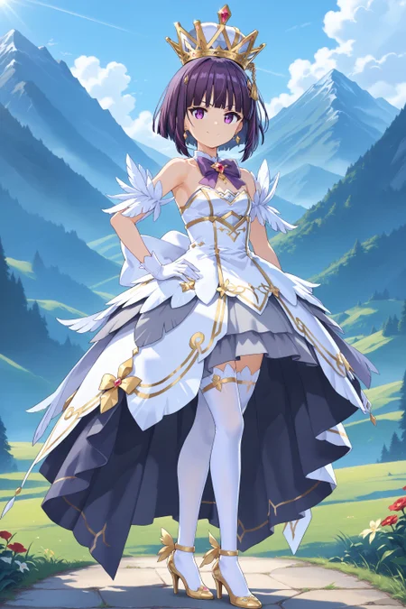 score_max, (score_9, score_8_up, score_7_up:1.0), score_6_up, official art,
, masterpiece, absurdres, high detail, 8k,
mountain, nature background, sunshine, blue sky,
standing, hand on hip, arm at side, smile, serious,
akisa, short hair, magicaorigin, crown, aiguillette, gem, earrings, purple bow, bowtie, white dress, bare shoulder, feathers, white gloves, layered skirt, gold trim, white thighhighs, high heels,
<lora:XL_Pony_MGCM-akisa-t1:1>