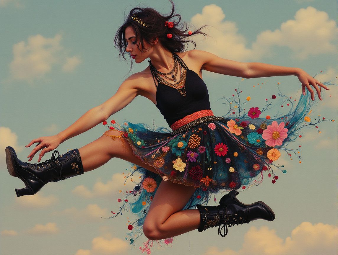 goth ballerina wearing boots and patchwork skirt <lora:Midjourney_Whisper_Chromaplex_Velvet_Myst_v01:0.8> <lora:Paper_Marbling_Flux:0.5>